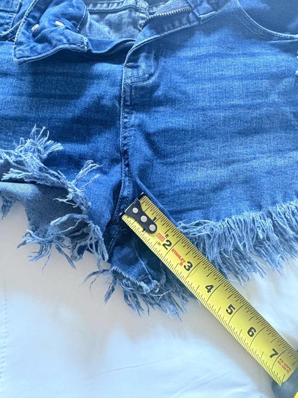 Blue Distressed Fringe Hem Women's Denim Shorts - Picture 4 of 4